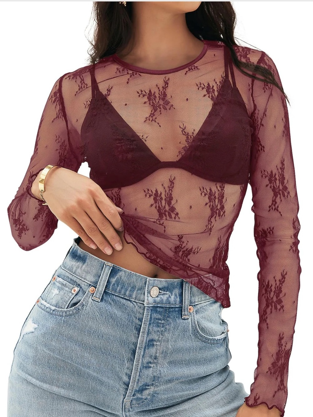 Merokeety lace sheer mesh top Y2K see through burgundy blouse